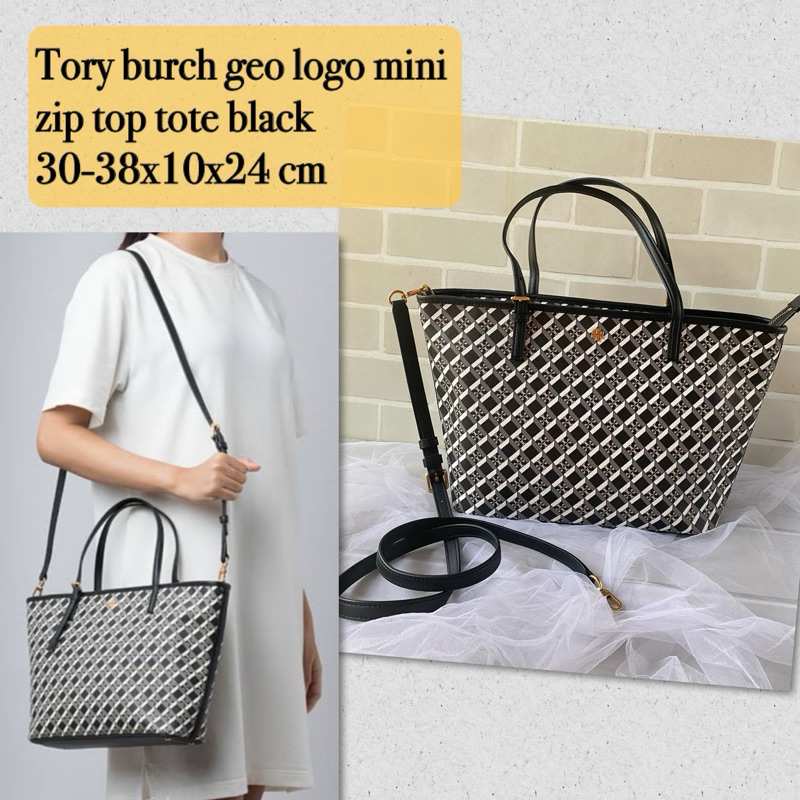 Tas wanita t o ry bu r c h original tb geo logo mini zip tote crossbody black