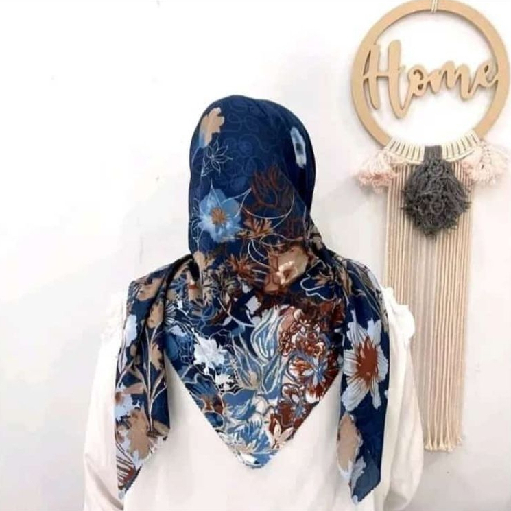 Jilbab Voal Motif Finishing Laser Cut Printing | Jilbab Segi Empat Premium Bunawis Biru Dongker