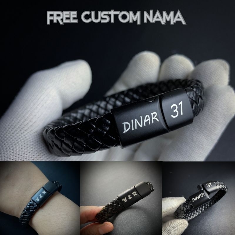 Gelang hitam perhiasan pria gelang kulit kepang gelang gesper magnetik besi anti karat free custom n