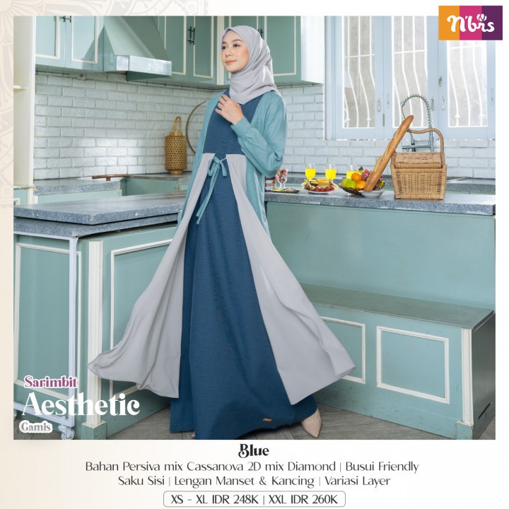NIBRAS GAMIS DEWASA SARIMBIT AESTHETIC BLUE | Dress Wanita | Pakaian Wanita