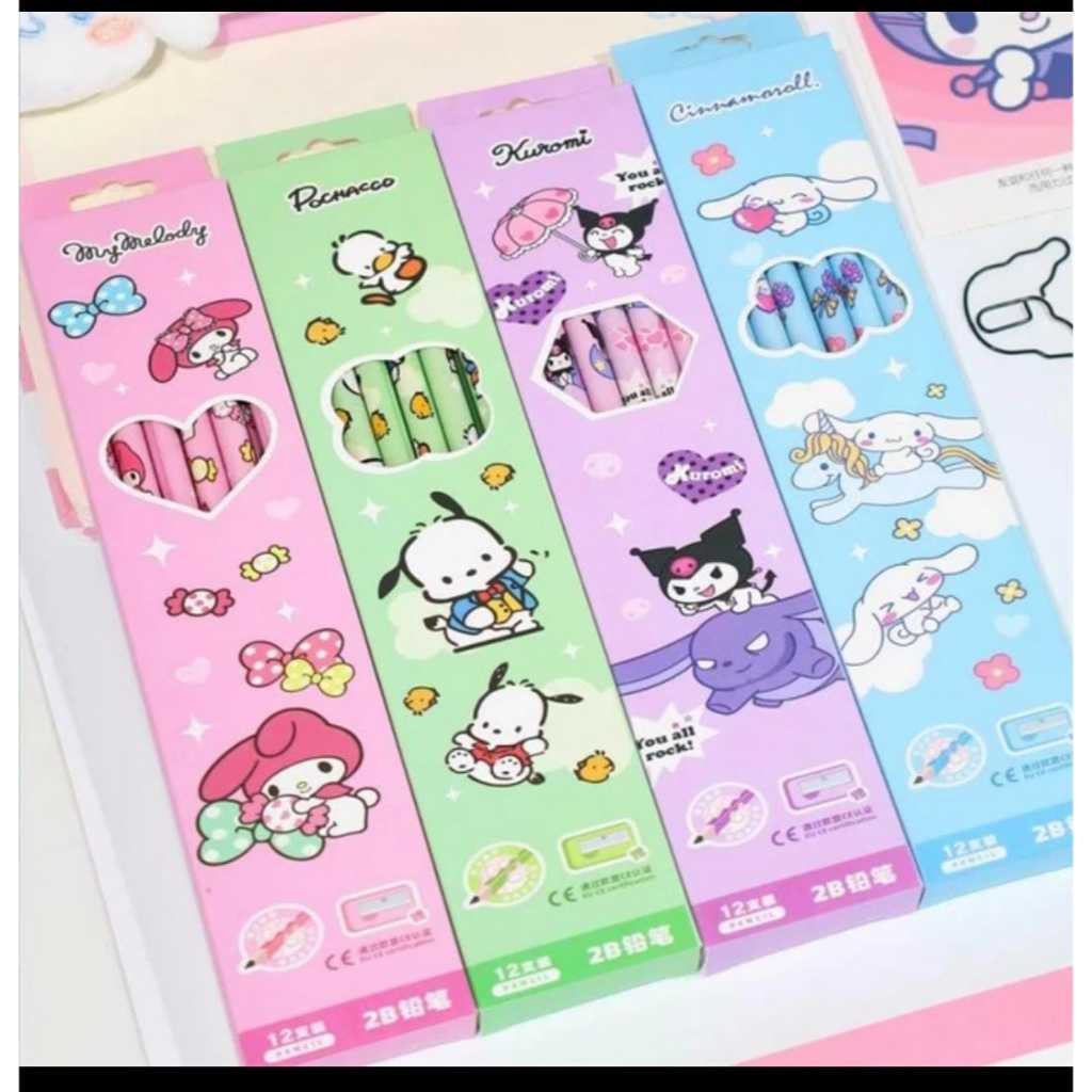 

JM 12 buah pensil Sanrio Kawaii Mymelody Kuromi Cinnamoroll Korea pelajar baru cetak kartun HB pensil hadiah alat tulis anak-anak