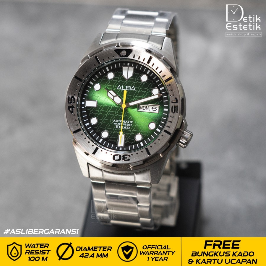 Jam Tangan Pria Alba AL4443X1 Automatic Green Dial Stainless Steel