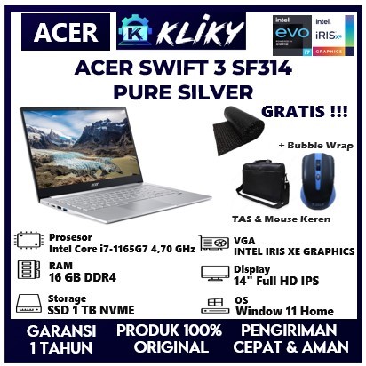 Laptop Ultrabook tipis Acer Swift 3 SF314 Intel EVO core I7 Gen 11 Ram 16GB Ssd 1TB Layar 14" Full H