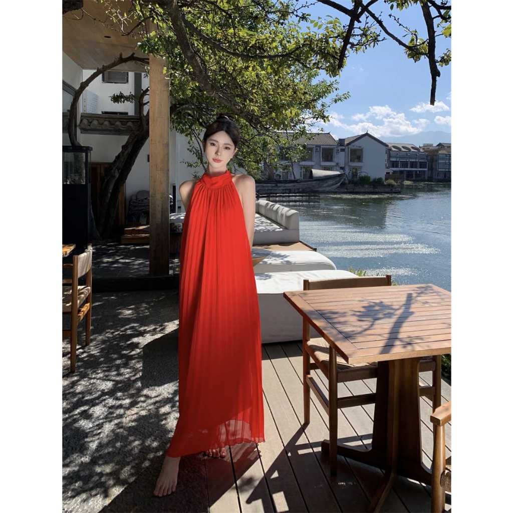 READY STOCK SAF - WILONA red chiffon dress woman premium / dress pantai wanita / korean summer dress