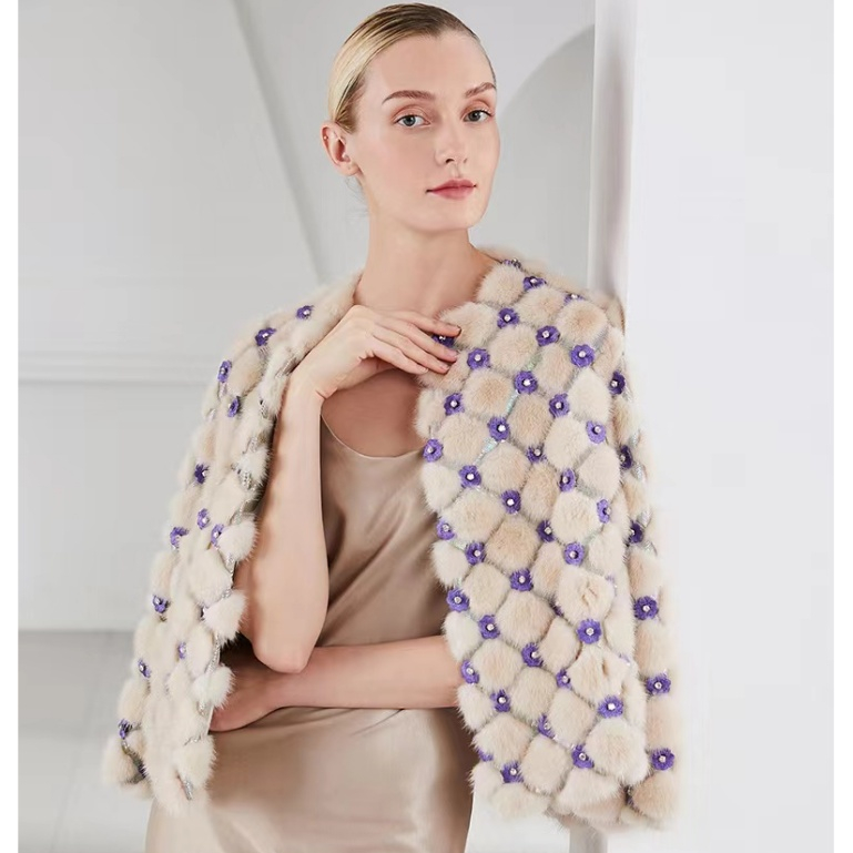 Mantel Bulu Pendek Wanita Mantel Bulu Cerpelai Impor Fashion Wanita Bulu Bertabur Cerpelai Mewah Rin