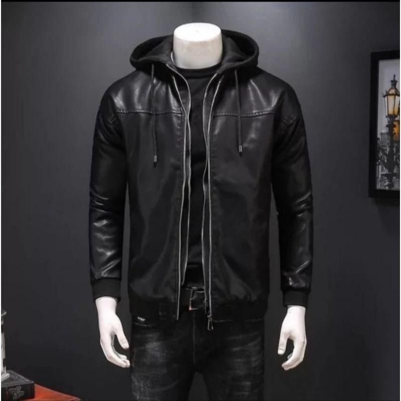 Jaket semi kulit hoodie/Jaket kulit kupluk/Jaket resleting 2