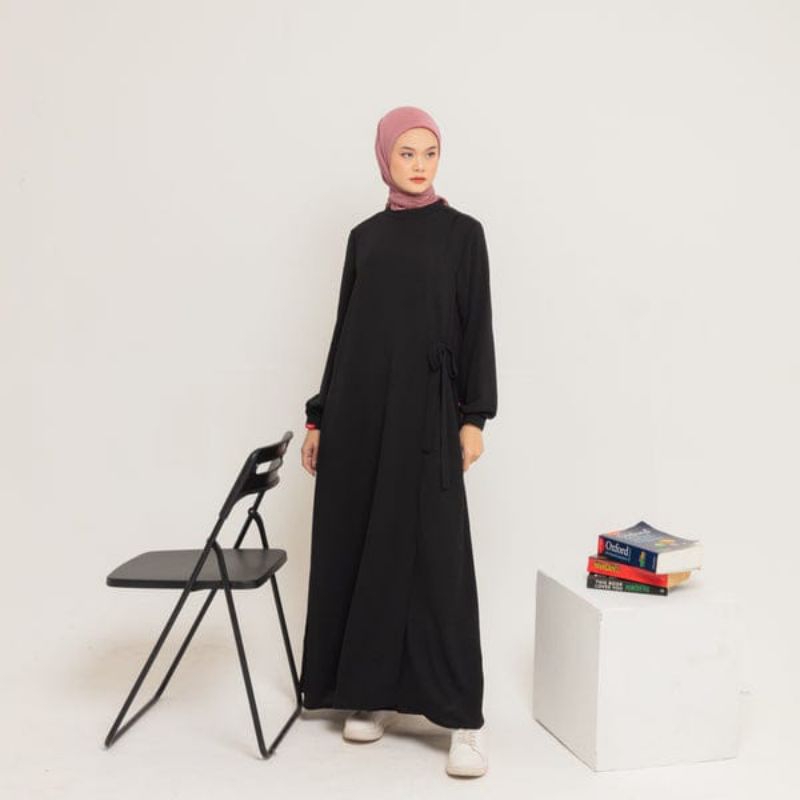 Dauky - L Dress Side Belt | Dress Hitam Sabuk Tepi | Gamis Hitam Dauky | Gamis Kondangan Hari Raya |