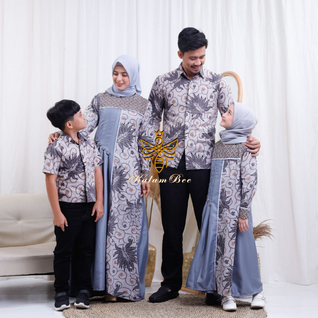 KalamBee.co - SET BATIK LEBARAN COUPLE KELUARGA HASYA BIRU  - GAMIS DEWASA DAN ANAK, KEMEJA DEWASA, 