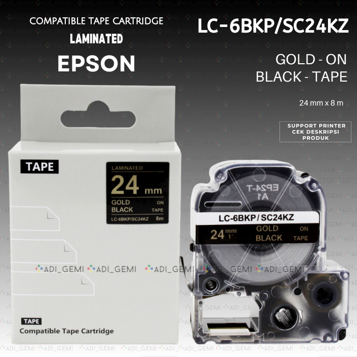 

Compatible TAPE Cartridge EPSON LC-6BKP SC24KZ GOLD ON BLACK 24MM X 8M
