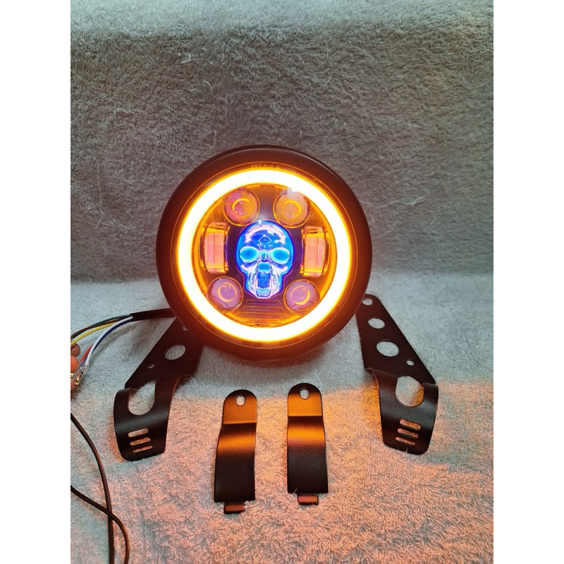 lampu depan daymaker LED almunium 5.7inch bulat tengkorak set kuping universal motor ubahan rx king 