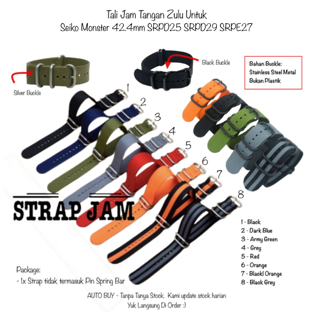Zulu Nato 20mm Strap Seiko Monster 42.4mm SRPD25 SRPD29 SRPE27 Nylon Kanvas - Tali Jam Tangan Nilon 