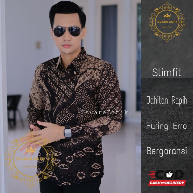 Kemeja batik lengan panjang pendek HANDARA HITAM kemeja batik slim fit mewah lengan panjang hem bati
