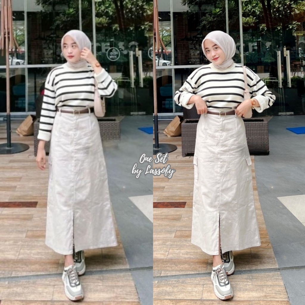 One Set Wanita / Sweater Rajut + Pashmina + Rok Cargo / Setelan Wanita / Setelan Wanita Kekinian / O
