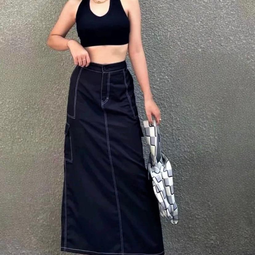 M&W - ROK CARGO LIST JEANS HIGHWAIST WANITA ROK KARGO BLACK DENIM