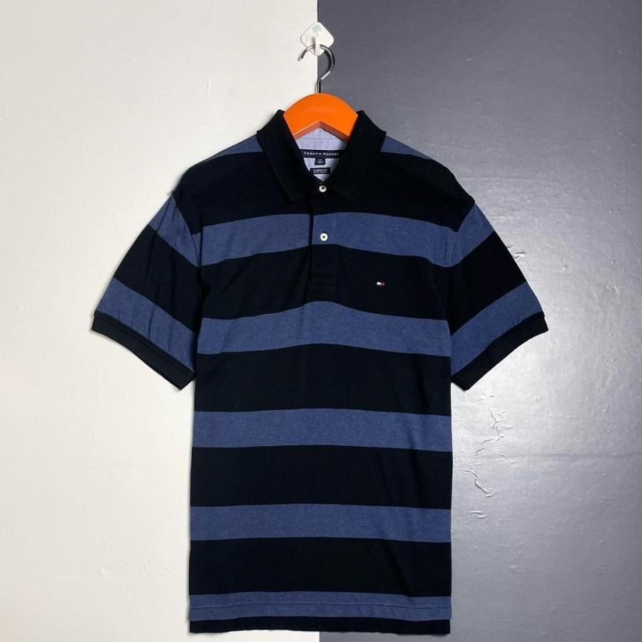 Tommy Hilfiger Black Blue Stripe Polo Shirt Original Authentic 100% Asli Poloshirt TH Hitam Biru Str