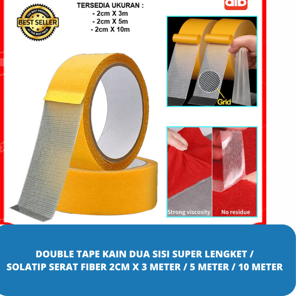 

DOUBLE TAPE KAIN DUA SISI SUPER LENGKET / SOLATIP SERAT FIBER 2CM X 3 METER / 5 METER / 10 METER