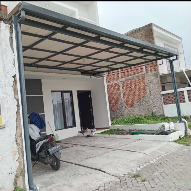 canopy atap alderon RS anti panas kanopi minimalis rangka besi hollow galvanis bonus talang air plat galvanis plus pipa pembuangan air harga per meter sudah include bahan dan jasa pemasangan terima beres