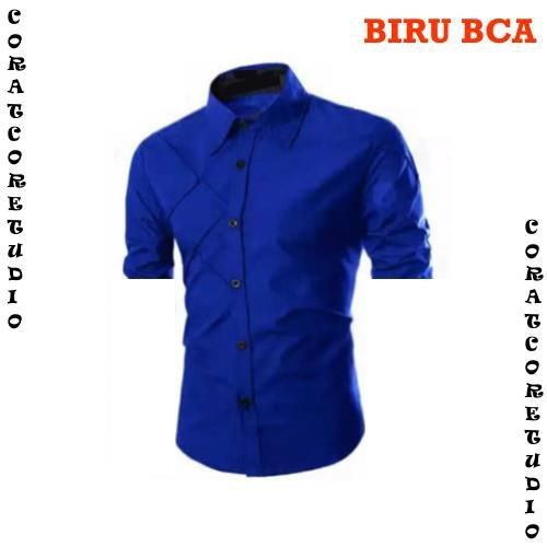 CORATCORET Kemeja Pria Hem Cowok Jumbo BigSize Lengan Pendek Garis Polos BIRU BCA ELEKTRIK BENHUR CE