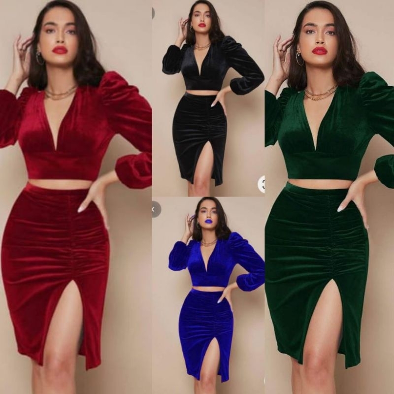 739 SET STELAN ROK BLUDRU WANITA KOREA KERAH V NECK ROK SERUT