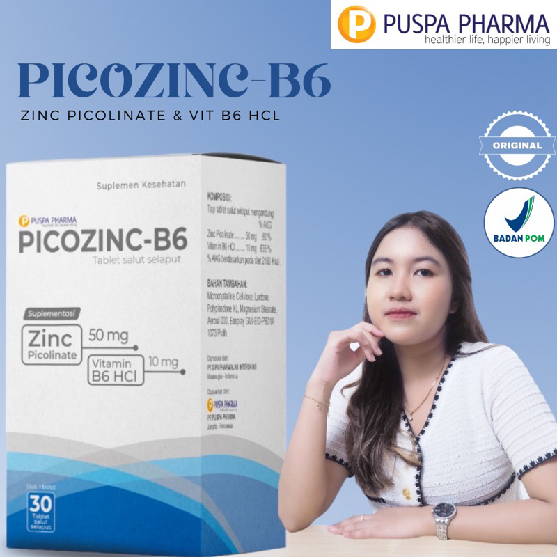 PICOZINC + B6 PUSPA PHARMA (Botol 30 tab) - Vitamin Zinc 50mg + B6 HCL 10 Mg (MEMBANTU MENANGANI PER