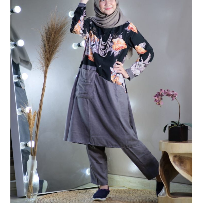 Setelan Celana blouse Tunik Celana Polos Tunik Motif Lebaran 2024