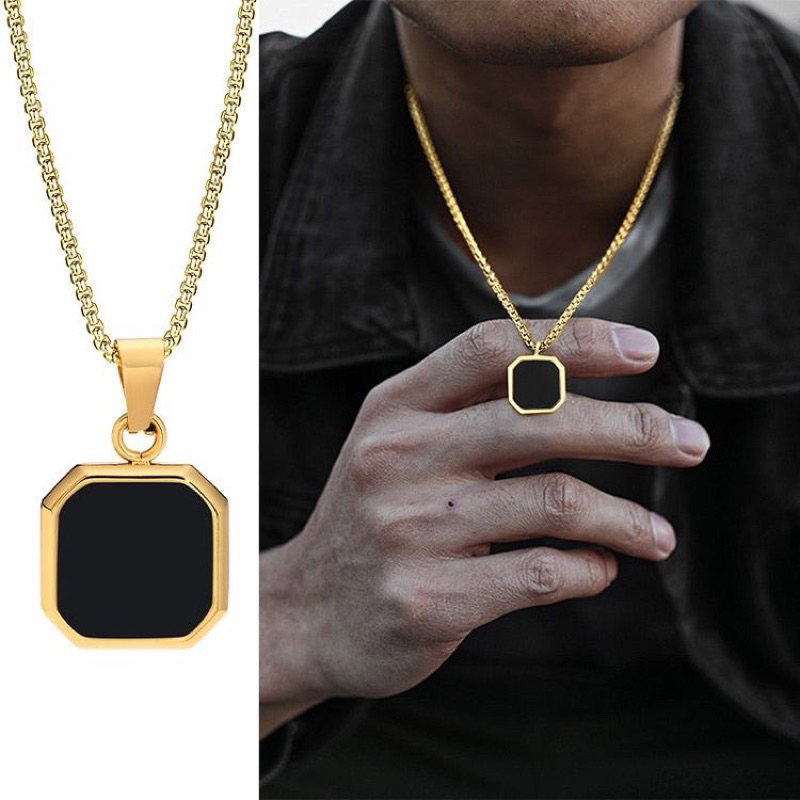 Kalung Liontin Batu Alam hitam Bentuk Kotak Geometris Warna Hitam Gaya Kasual Untuk Pria