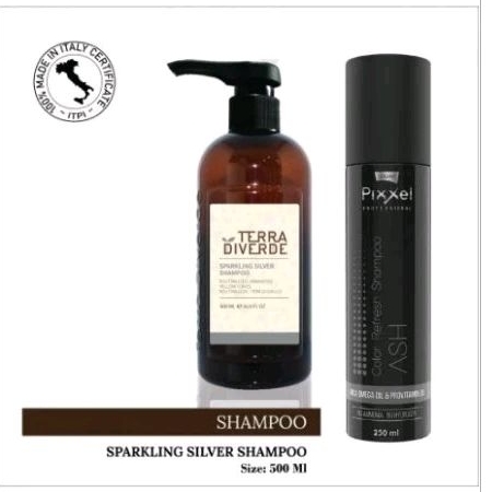 Shampoo Silver - Shampoo ASH by lolane pixxel dan Sparkling Silver shampoo by Terra Diverde