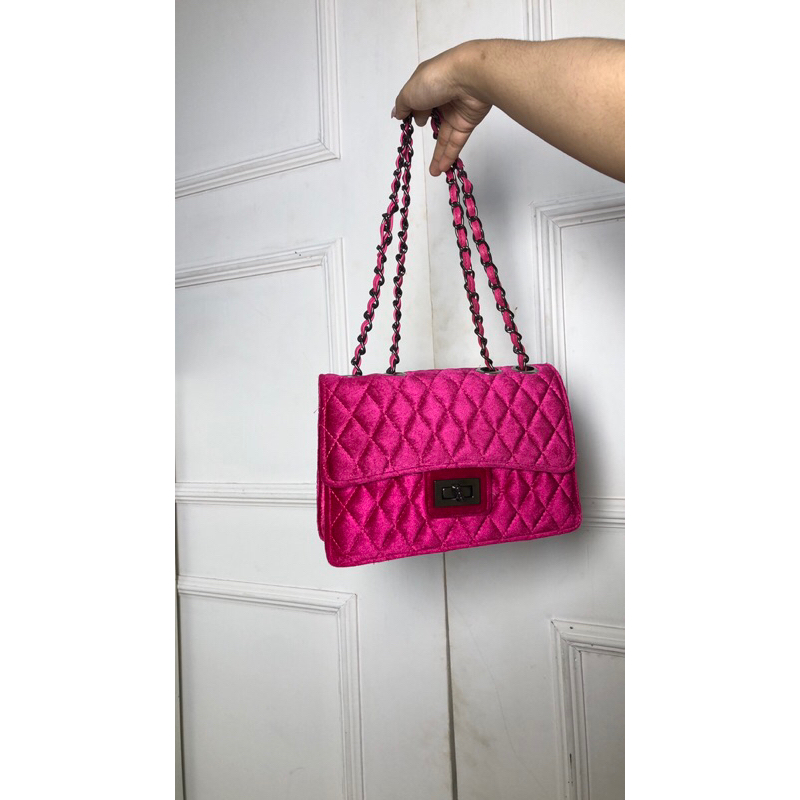 tas pink fuschia | tas wanita | tas pesta | tas bahan velvet