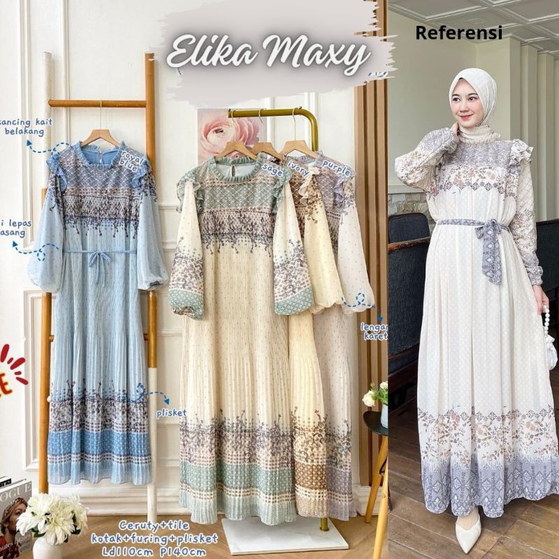 [ORI] Elika Maxy Dress Ceruty Plisket Tille/Gamis Maxy Motif Plisket Korean Import Bangkok Pesta Lebaran Muslimah Kekinian Wanita