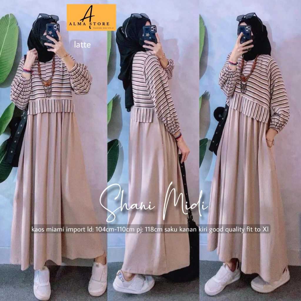 shani midi dress dres pakaian baju gamis bahan kaos halus import adem tebal melar motif garis ld 104