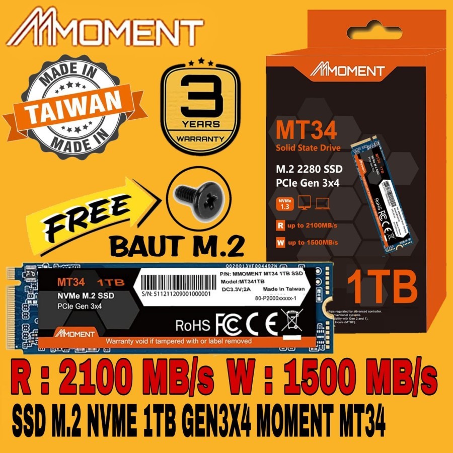 SSD Moment MT34 512GB 1TB NVME M.2 PCIE Gen 3X4