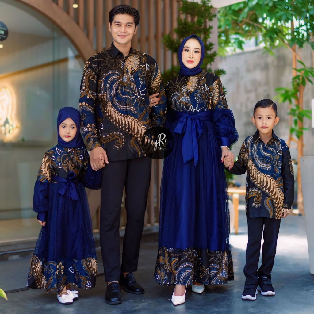 Gamis Lebaran Couple Keluarga Ayah Ibu Anak Aura Raya Mat Katun Mix Velvet Tile Busui Warna Navy