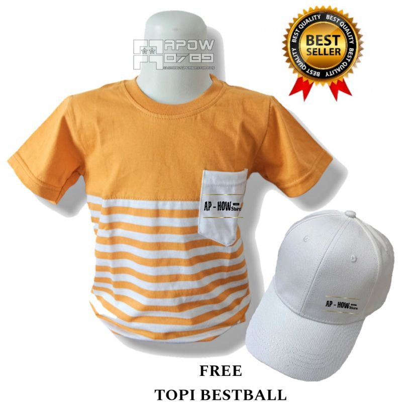 Baju Anak Laki- Laki Salur Saku Depan Gratis Topi Polos Baseball/ Baju Kaos Anak Laki- Laki 2-9Tahun