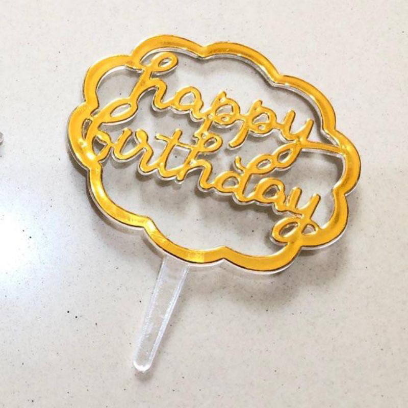Cake topper tulisan happy birthday awan emas bahan plastik / toper kue ulang tahun ultah hbd hiasan 