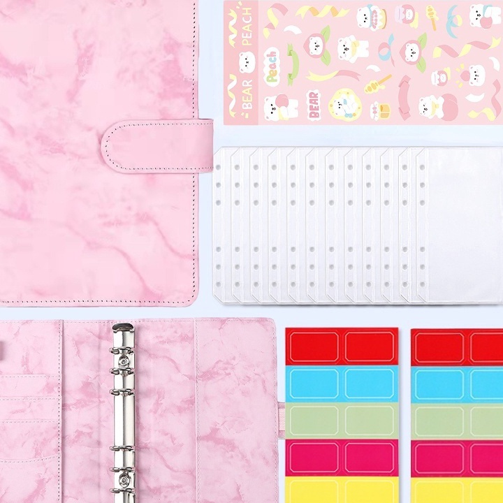 

C6369 A6 Binder Marbling PU Budget Planner Refillable Notebook Cover 12pcs Kantong Ritsleting Uang Kertas Amplop Buku