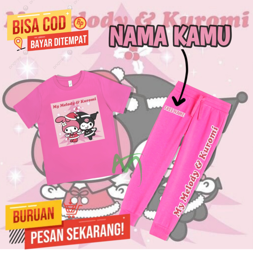 Setelan Anak Perempuan Kuromi Dan Melody Kaos Dan Joger