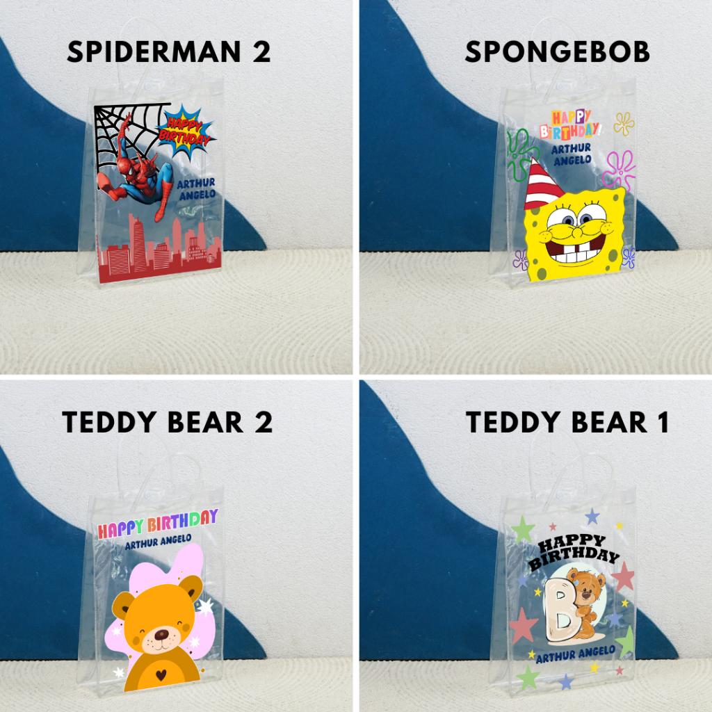 

(MINIMAL 15 PCS) Tas Mika Transparan / Tas Mika Custom Ultah / Tas Transparan Motif Ulang Tahun Anak Cewek Cowok / Tas Goodiebag / Tas Souvenir Anak Ultah / Tas Motif Cocolon / Tas Transparan Spongebob
