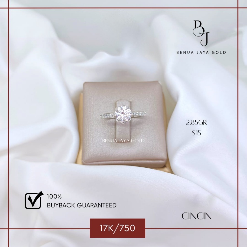 Cincin Solitaire Diamond Look Emas Putih 17K/750