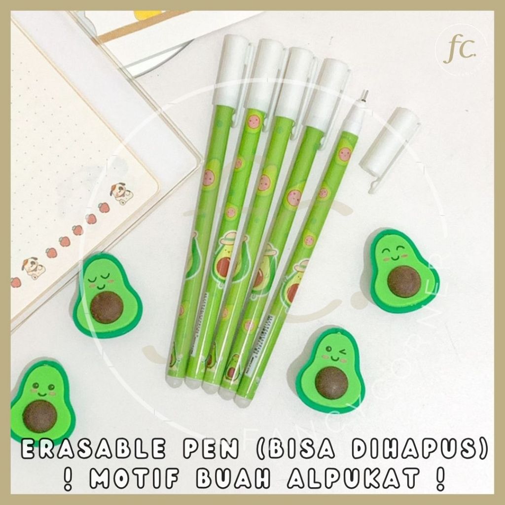 

PAKET USAHA GROSIR 4 / 8 / 12 Pcs / 1 Lusin Erasable Pen / Pulpen Bisa Dihapus Hapus Odemei Gel Tinta Hitam + Penghapus Warna Hijau Pastel Kartun Buah Alpukat Avocado Fruit Emoji Lucu Souvenir Hadiah Bingkisan Anak Harga Grosir Ready COD