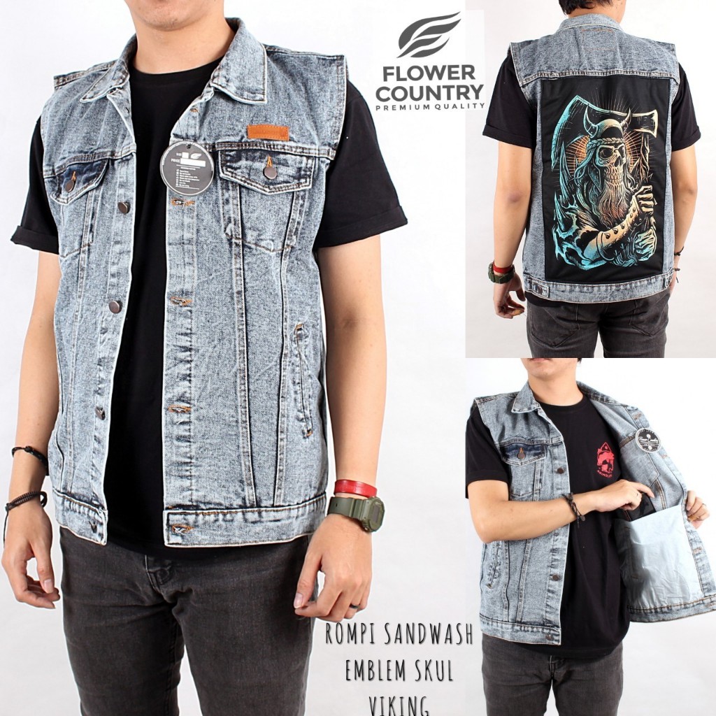 SIXTEEN - Rompi Jeans Sandwash Emblem Printing Pria Sunmori Original Flower Country