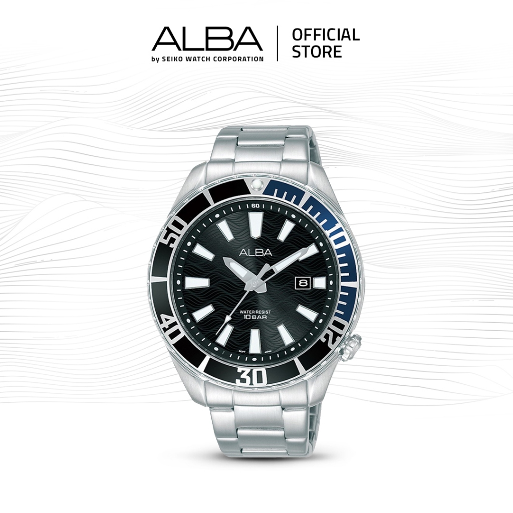 Alba Active Jam Tangan Pria AG8K33 / AG8K33X1 Quartz Black Dial Stainless Steel Strap Watch