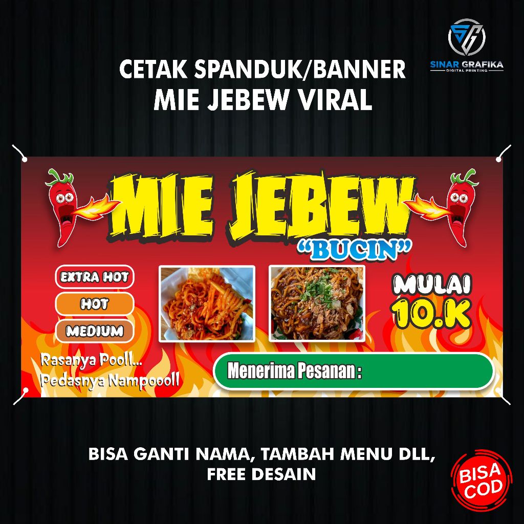Spanduk banner mie jebew, mie level pedas, mie setan | Desain Custom
