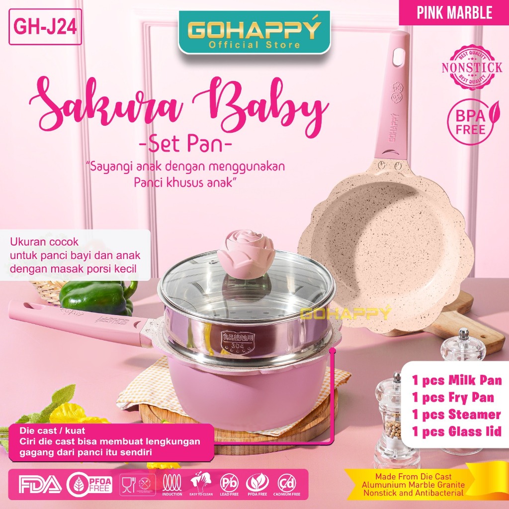 PANCI BAYI GOHAPPY - Sakura Baby Pan Pink cookware set - SAUCE PAN FRYPAN PANCI SUSU MPASI BAYI