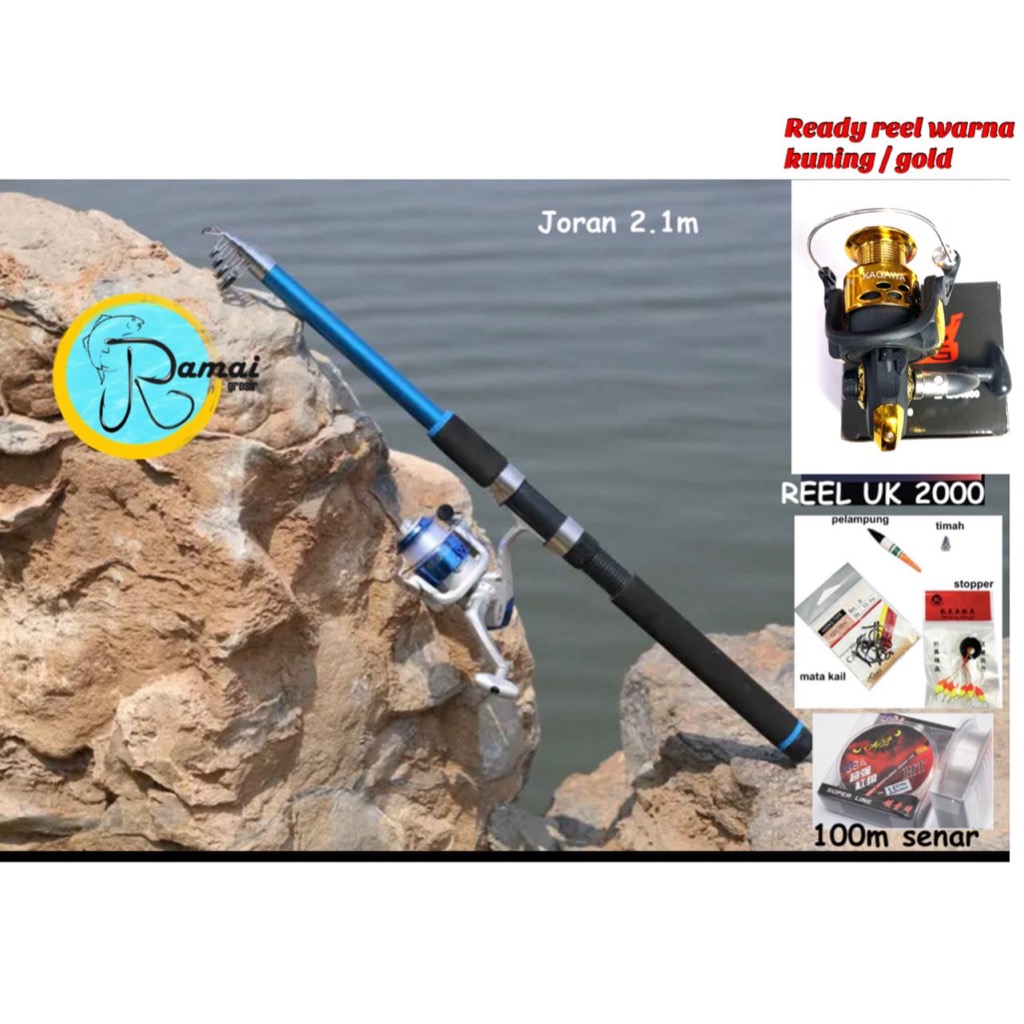 SATU SET JORAN 2.1M PREMIUM REEL UKURAN 2000 WARNA BIRU BONUS BANYAK BONUS SENAR 100M SIAP PAKAI BIS