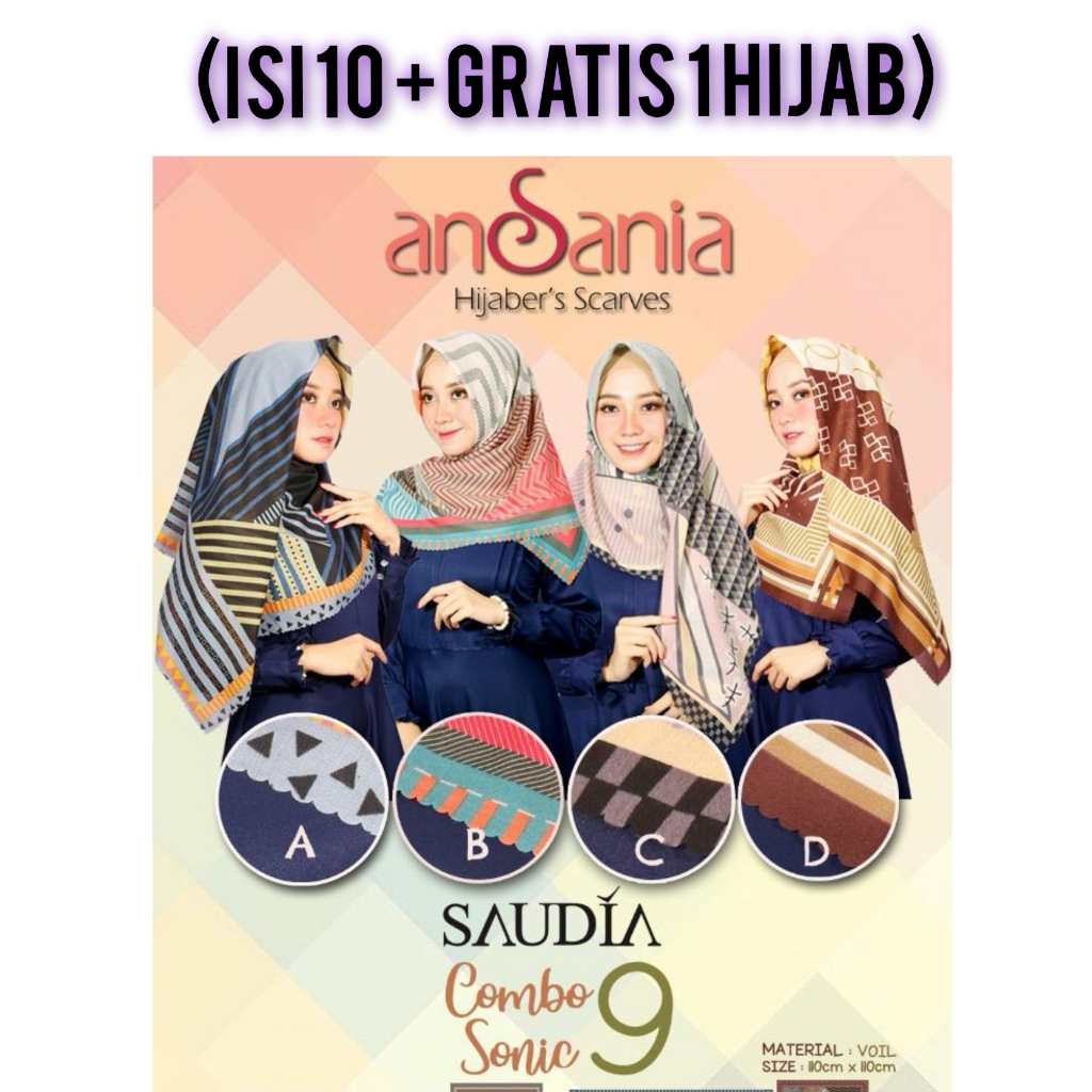 (ISI 10 + GRATIS 1 HIJAB) SEGIEMPAT ANSANIA MOTIF SAUDIA COMBO KATUN SEGI EMPAT PAKET USAHA JILBAB C