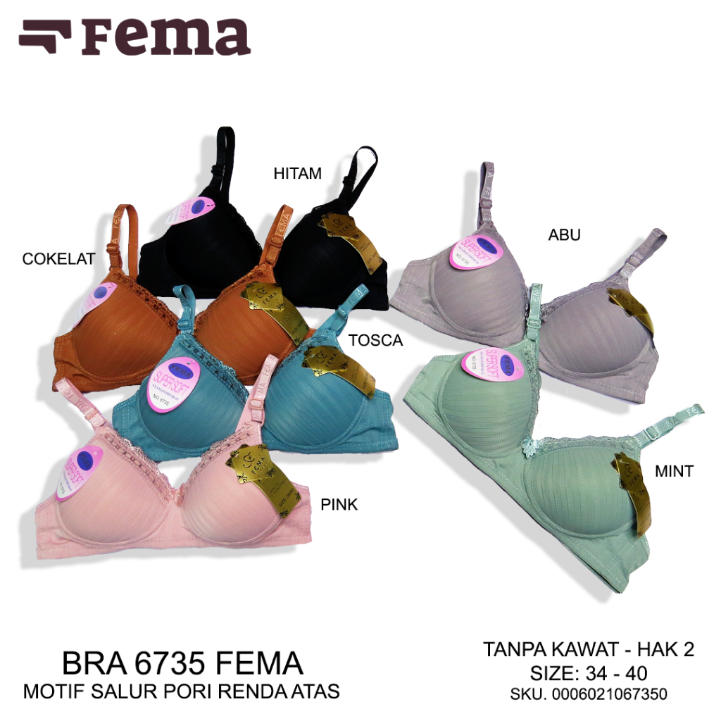 FEMA Official Shop Ecer 1 Pcs BH Bra 2134/6735 Renda Atas Tanpa Kawat