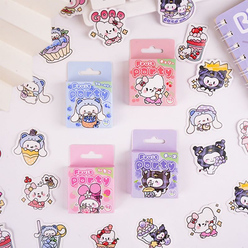 [HARU] 45pcs Sanrio Fruit Party Series Sticker Box Stiker Hello Kitty Kuromi Melody Cinnamoroll Kota