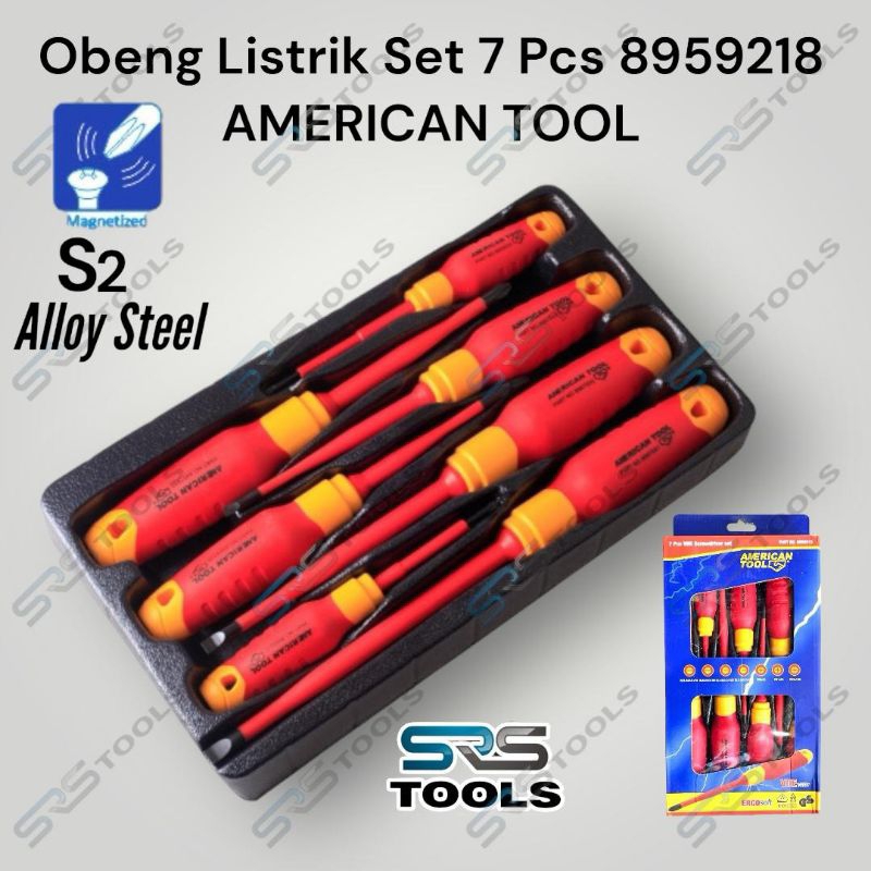 AMERICAN TOOL 8959218 Obeng Listrik Elektrik Set 7 Pcs Gagang Karet Tegangan Tinggi VDE 1009V + Plus