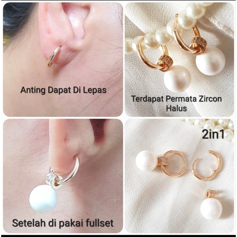 Anting Gantung 2in1 Permata Mutiara Titanium Antikarat Premium