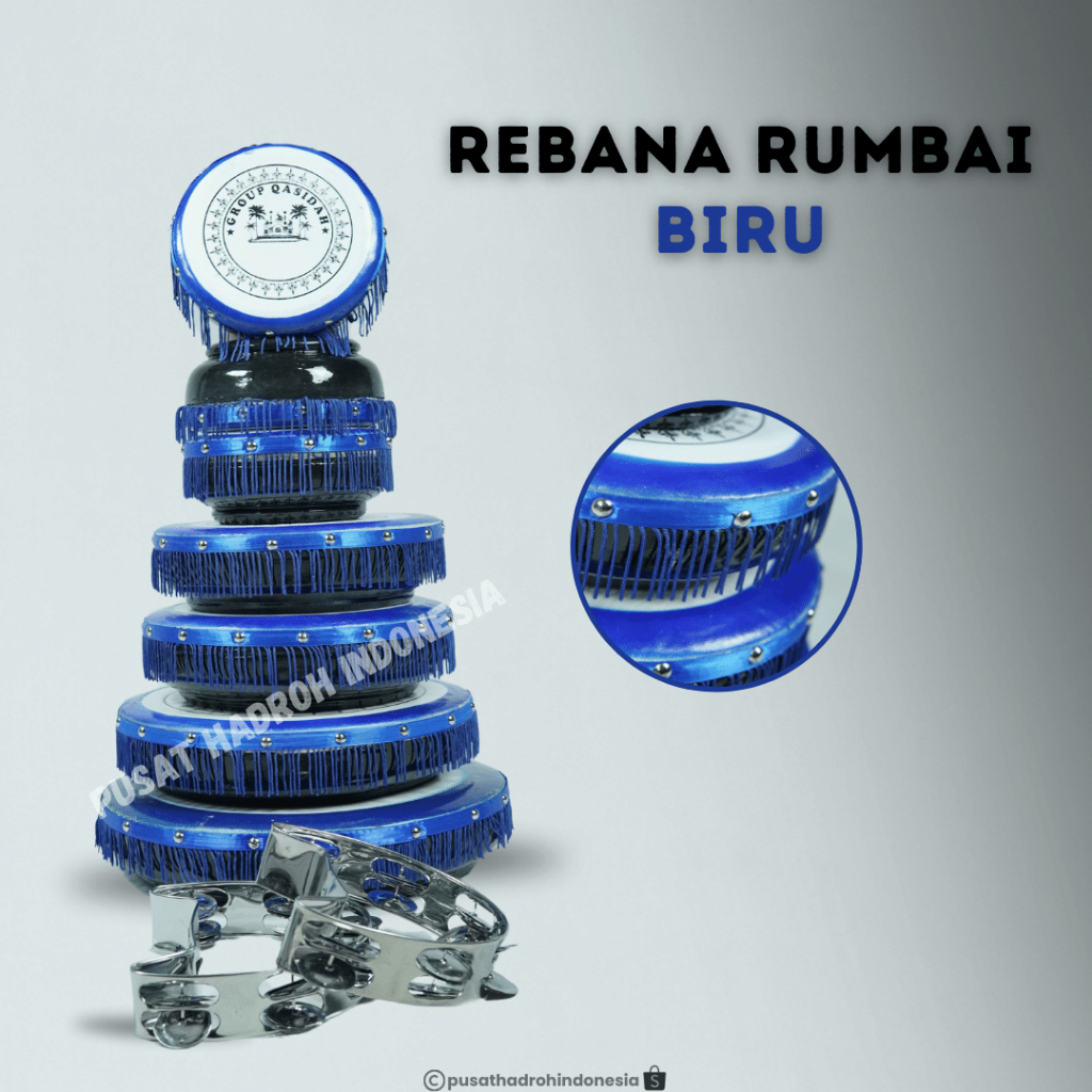 Ready Stock Rebana Qasidah Rumbai Biru 1 Set Isi 9 Alat Rebana Hadroh Banjari Terbangan Rumbai